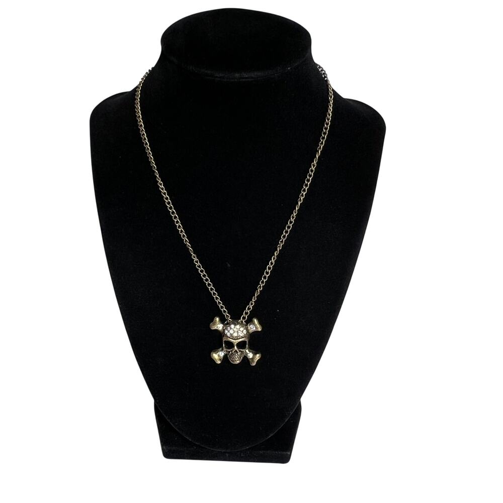 Skull Crossbones Pendant Necklace Womens Gold Tone Rhinestone Gothic